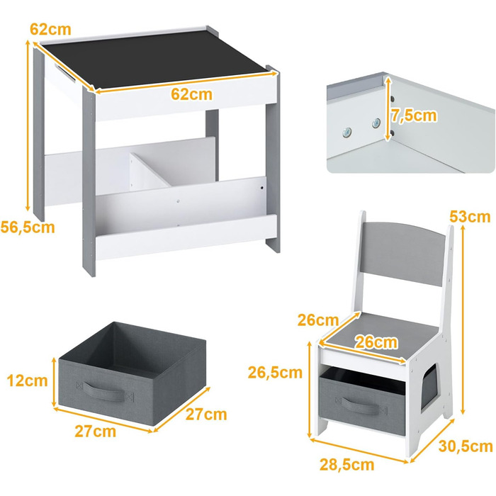Дитячий стіл LIFEZEAL 3 в 1 з 2 стільцями: стіл для малювання, активностей та обідній стіл. Дерев'яна дитяча група з місцем для зберігання (світло-сірий)