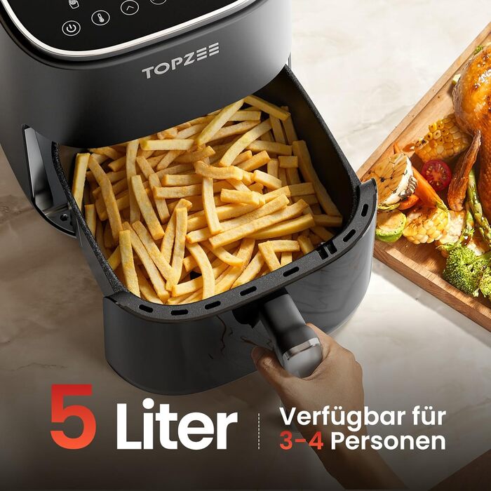 Фритюрниця без олії, 5 л, для 3-5 осіб, ідеальна для любителів м'яса, з регулюванням температури та таймером 24 год, тиха, з антипригарним кошиком та крихкою платформою, зелено-чорна
