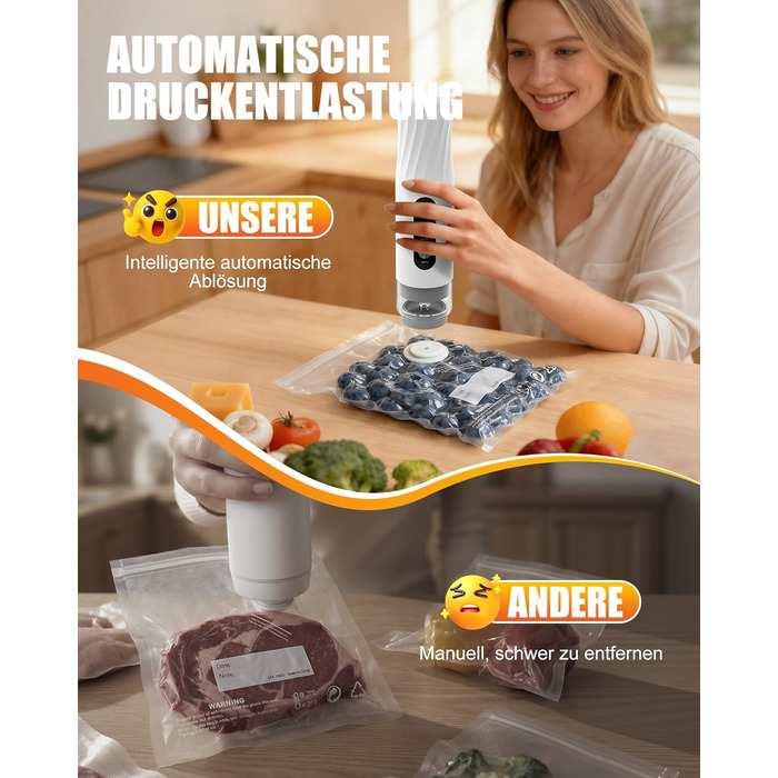 Вакууматор Babacom портативний з резервуаром для води, потужність 60кПа, автоматичний вакуумний пакувальник з пульс-функцією для делікатних продуктів, 20 багаторазових пакетів у комплекті