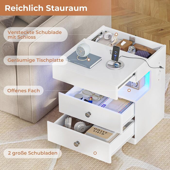 Нічний столик AOGLLATI з секретною поличкою, розеткою та LED-підсвіткою. 2 шухляди, висувний ящик, полиця. Білий, 40x35x59 см