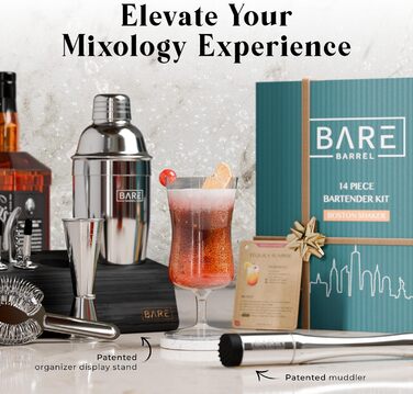 Набір для бармена Pro Mixology: 14 предметів, шейкер Cobbler 24oz, бамбуковий підставка, рецепти коктейлів. Подарунок для дому