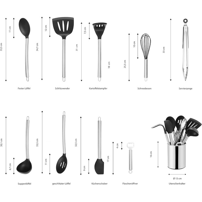 Набір кухонного приладдя ECHTWERK, ручка з нержавіючої сталі, тримач для посуду, силікон з антипригарним покриттям, EW-KS-1201K (сріблястий, 10 шт. )