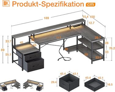Кутовий стіл ODK L-подібної форми з ящиками, реверсивний, з LED-підсвічуванням та розеткою, 172.5×100 см (Колір: Сіра береза)