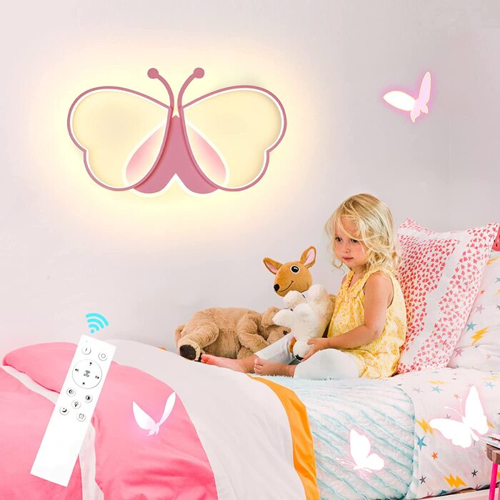 Світлодіодний настінний світильник LUOLONG для дитячої кімнати, креативний приліжковий світильник у вигляді метелика для дитячої кімнати, лампа для кімнати для хлопчиків і дівчаток з регульованою яскравістю, приліжкова лампа для спальні з малюнком-рожевий