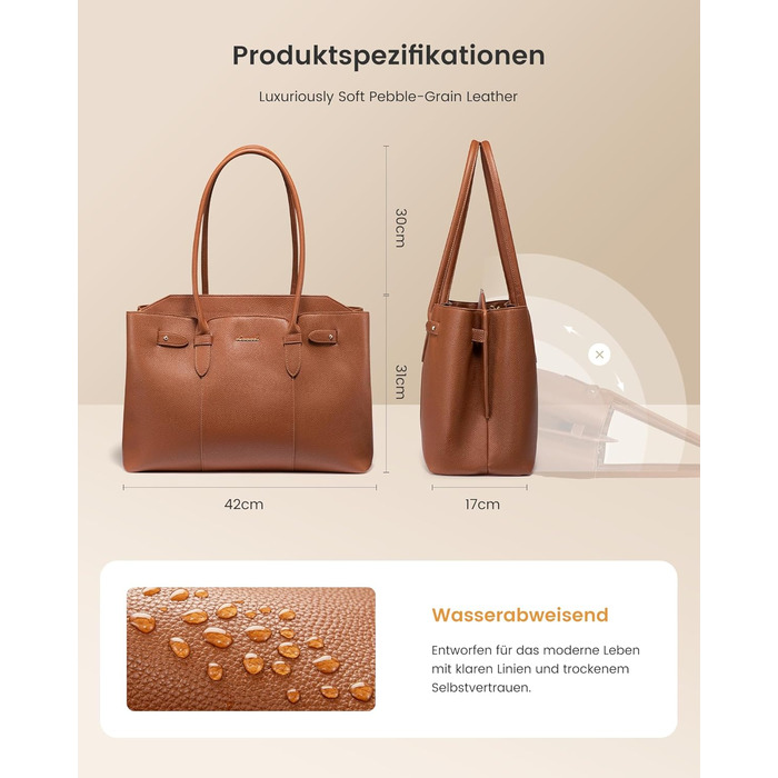 LOVEVOOK Сумка для ноутбука 15.6 дюймів, жіноча, велика, торбинка-шопер, шкіряна, водонепроникна, для роботи, навчання, офісу, універсальна, коричнева