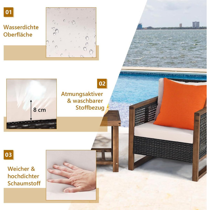 Набір садово-розкладних меблів GIANTEX з ротангу (3 шт.), садова група для балкону на 2 особи, Lounge Set з 2 кріслами та дерев'яним столом, коричневий, з подушками