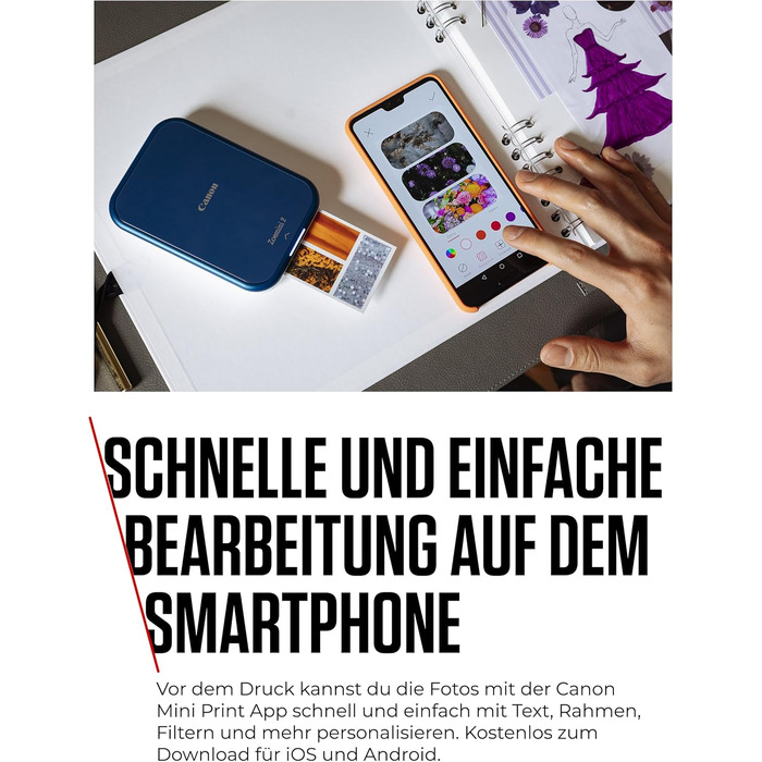 Canon Zoemini 2 Marineblau: Міні-принтер для фотографій, мобільний, компактний, з вбудованим акумулятором. Друкує фото 5x7,6 см зі смартфону/планшету. У комплекті: 20 шт. Zink паперу та 10 шт. круглих наліпок.