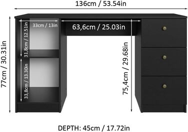 Письмовий стіл Madesa Modern, комп'ютерний стіл з 3 шухлядами та 1 дверцятами, 136 x 45 x 77 см, дерев'яний - чорний