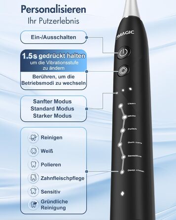 Електрична зубна щітка Sonic з 6 режимами, 3 інтенсивностями, 40000 вібрацій/хв, IPX7, акумулятор 90 днів, таймер, для подорожей, чорна