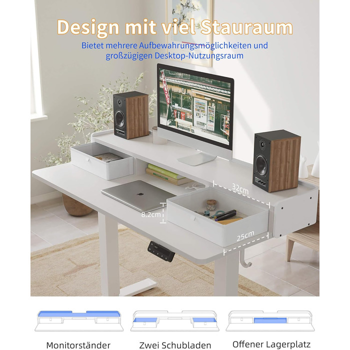 Електричний стіл YIHAYO з висувними ящиками та підставкою для монітора 120x60 см, з функцією пам'яті, Natural White, білий каркас/поверхня