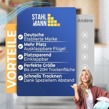 Розкладна сушилка для білизни STAHLMANN® - 20 м сушильної поверхні, чорна, з кріпленнями для дрібних речей, Made in EU