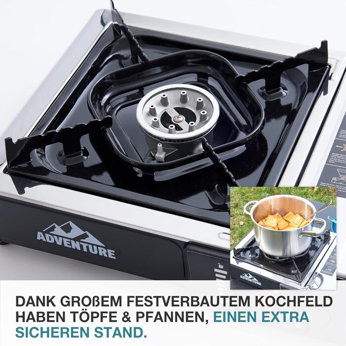 Газовий наметковий пальник TOM Edelstahl MSF-1A з нержавіючої сталі - 2200 Вт, Piezo-запалювання, для газових балонів, з кейсом