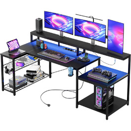 Ігровий стіл Bestier 181x80 см з LED-підсвіткою, 3 розетки AC та 2 USB, стіл для комп'ютера, чорний з карбоном