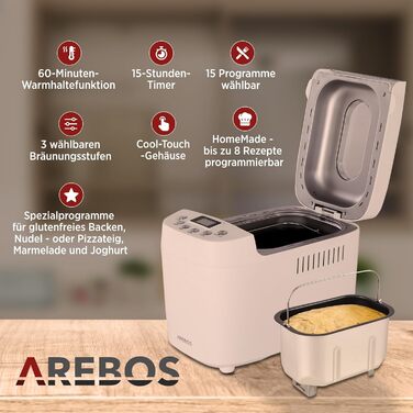 Хлібопечка Arebos 1500г з 15 програмами, таймером та LCD дисплеєм | 850 Вт | Білий