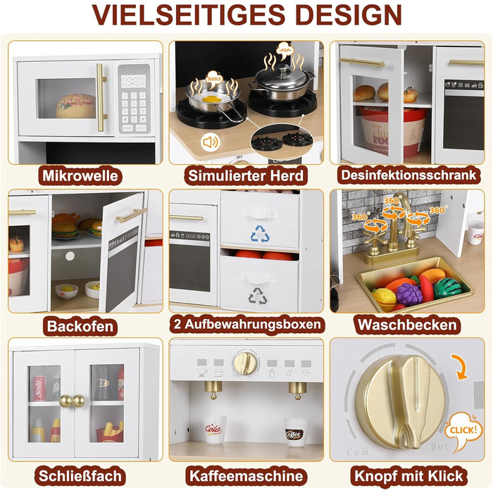 Дерев'яна дитяча кухня MAMIZO з підсвіткою та звуком, 90x30x90 см, з аксесуарами та 2 ящиками для зберігання, іграшка для дітей від 3 років, білий колір