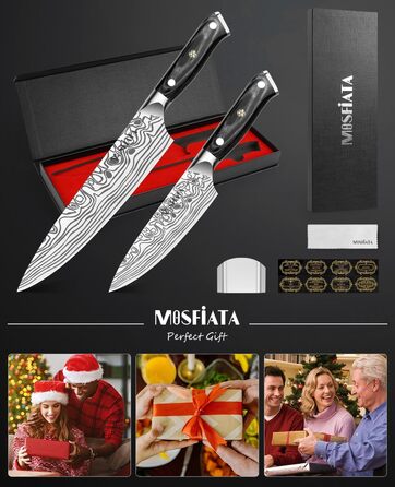 MOSFiATA Набір кухонних ножів: ніж шеф-кухаря та сантку, з нержавіючої сталі, професійний, з подарунковою коробкою
