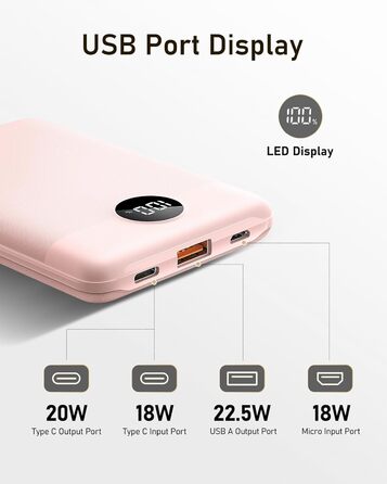 Для iPhone, Samsung, Xiaomi тощо (Рожевий), 22.5W Mini Power Bank 10000mAh USB C PD3.0 QC3.0