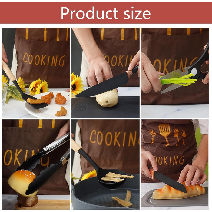 Набір кухонних ножів 19 предметів з підставкою, силіконовий кухонний інвентар, чорний колір