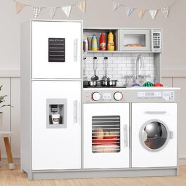 Дерев'яна дитяча кухня MAMIZO з підсвіткою та звуком, 82x80x25 см. Комплектація: аксесуари. Підходить для дітей від 3 років. Білий (сіро-білий) колір.