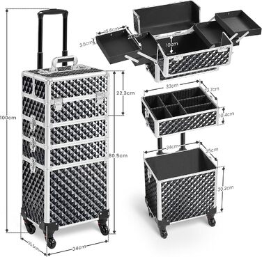 Ягетеч Косметичка-Тролі 4-в-1, Великий Косметичний Ящик для Макіяжу, Закривається на Замок, Багатофункціональний Ящик для Візажистів, Красота з Коліщатками та Висувною Шухлядою (Блискучий Чорний)