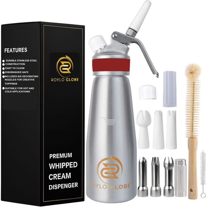 Професійний дозатор для збивання вершків, 500 мл, з силіконовим руків'ям, міцний, для приготування вдома, 6 насадок з нержавіючої сталі та пластику, 2 пензлики для чищення
