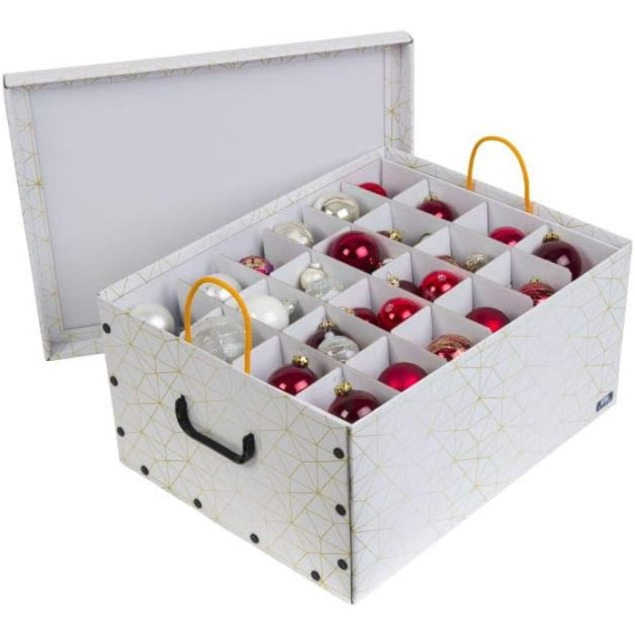 Декоративна коробка для прикрас XXL (3 шт.) білий/золотий - містка та якісна. Для зберігання до 40 ялинкових прикрас. Зручна коробка з міцного картону з пластиковими ручками.