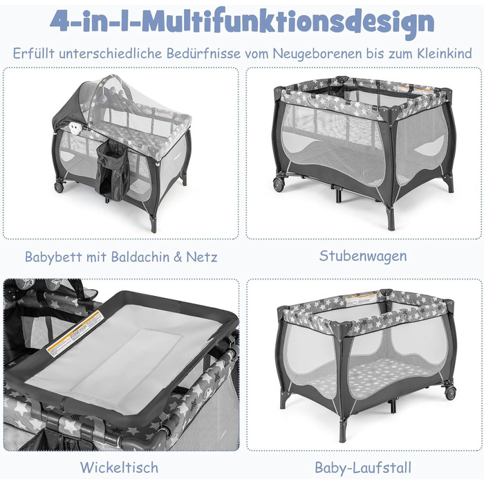 Дитяче ліжко COSTWAY 4in1 спальне місце, ліжко для подорожей, пеленальний столик, ігрова арка, до 36 місяців (темно-сірий)