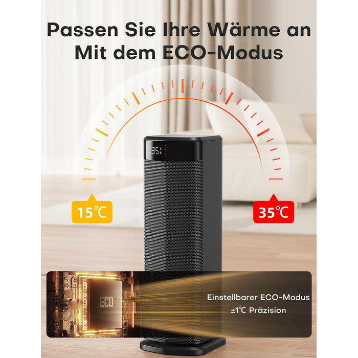 Електричний обігрівач 2000W з PTC-нагрівачем, 4 режими, ECO-режим, термостат, осциляція 90°, таймер 24 години, пульт дистанційного керування, захист від перекидання та перегріву для дому