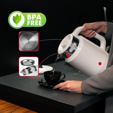 Електричний чайник Lehmann Edelstahl 2L, 2200W з подвійними стінками, автоматичним відключенням та захистом від перегріву, BPA-free, для великих сімей та офісів (Білий)