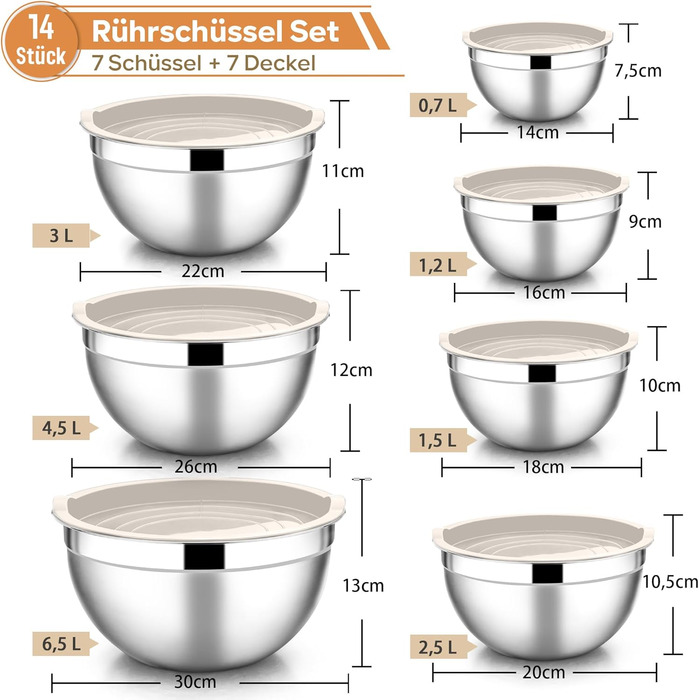 Набір мисок HaWare 7 шт. з нержавіючої сталі з кришками, 6.5/4.5/3/2.5/1.5/1.2/0.7L, для приготування, випікання, салатів, миття в посудомийній машині, Khaki/Нержавіюча сталь