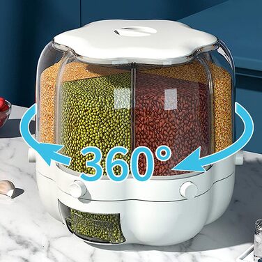 Білий контейнер для зберігання зернових, покращений 6 відсіків, з можливістю повороту на 360 , для зберігання зерна, диспенсер для харчових продуктів з кришкою, вологостійкий, побутовий (маленький білий)
