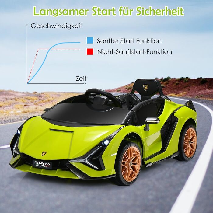 Дитячий електромобіль Lamborghini 12V з пультом, ременем безпеки, світлом, музикою та сигналом, електрокар для дітей від 3 років, зелений