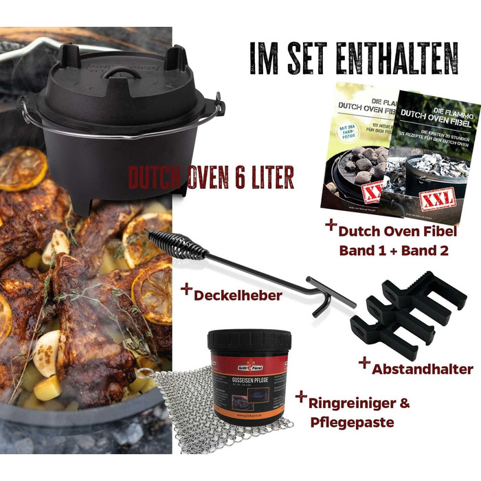 Набір Dutch Oven Grillfürst DO 9 (9 літрів) + 2 шт. Dutch Oven Fibel XXL (6 літрів) - з кришкою 35 см, адаптером, очищувачем та пастою для догляду