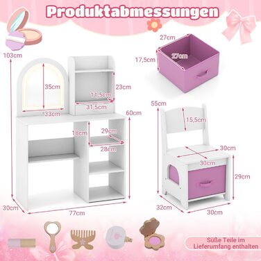 Детский туалетный столик Dreamade для девочек с LED-подсветкой, принцесовий столик для макіяжу з відкритими полицями та 5 ящиками, білий, від 3 років