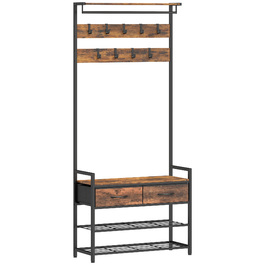 Вішалка для одягу з гачками, лавка для взуття, індустріальний органайзер для передпокою, сталевий каркас, рустикально-коричневий