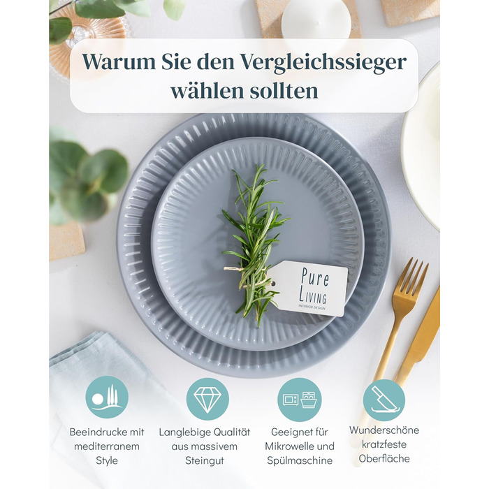 Набір посуду Steingut Hygge 24 шт. для 6 осіб: тарілки, миски, сервіз Pure Living (сіро-блакитний)