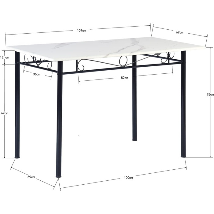 Обідній набір DORAFAIR стіл 4 стільці, чорний/білий мармур, металеві ніжки, обідній стіл 109см