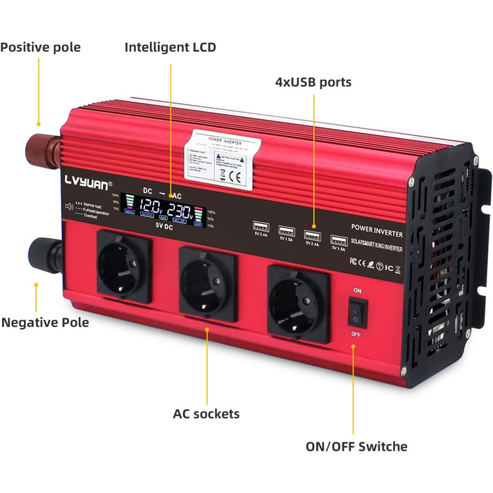 Інвертор 12 В 230 В 3000 Вт 6000 Вт Перетворювач напруги Пульт дистанційного керування 4 USB та LCD 3 розетки змінного струму для сонячної панелі Автомобільний RV 3000Red