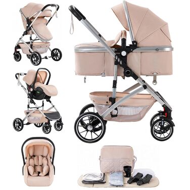 Дитяча коляска 3 в 1, туристична, швидко складається одним кліком, з фіксацією передніх коліс, великий спальний простір (бежева), 8-808C, 0-4 роки