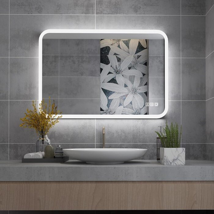 MIQU Дзеркало для ванної кімнати з підсвічуванням LED 60x50 см, сенсорне, проти запотівання, з Bluetooth та розеткою, 3 кольори світла, диммування