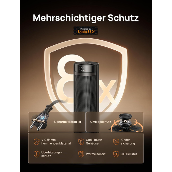 Електричний обігрівач Dreo 23 дюйми (58 см) – 2000 Вт, тихий, з пультом, таймером, осциляцією, 5 режимів, PTC кераміка, для великих приміщень, офісу (чорний)