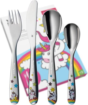 Набір дитячого столового прибору WMF Kinderbesteck з гравіюванням (4 шт.) - ідеальний подарунок на хрещення. Дитячий столовий прибор WMF від 4 років з індивідуальним гравіюванням. Подарунки на хрещення для хлопчиків