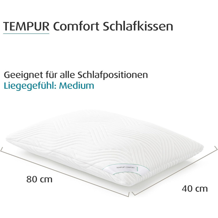Подушка для сну TEMPUR Comfort Medium, класична подушка для всіх положень сну, чохол, який можна прати, MADE IN GREEN by OEKO-TEX, матрац середньої жорсткості, 80 x 40 см