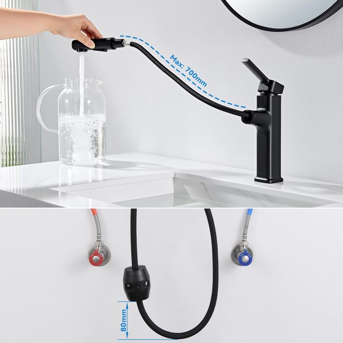 Чорний змішувач для ванної кімнати з висувною лійкою, однорегуляторний, для холодної та гарячої води