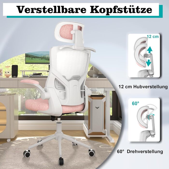 Ергономічне крісло для офісу з регульованою підголівником та поперековою підтримкою – високе офісне крісло з сітчатим спинком та м'яким сидінням, вішалка для одягу та функцією блокування (білий та рожевий)