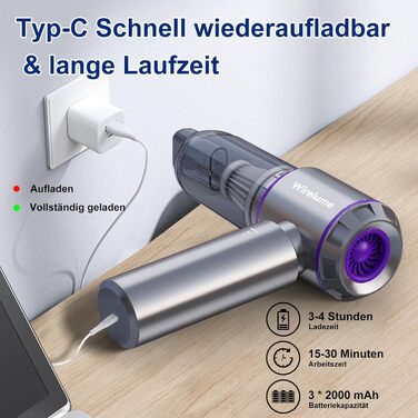 Акумуляторний ручний автомобільний пилосос 4 в 1, бездротовий міні-пилосос для авто з потужністю 22 000 Па, 3 режими всмоктування, портативний для шерсті тварин та салону авто, фіолетовий