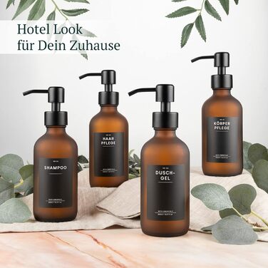 MONOKO Набір дозаторів для мила 4 шт. Чорний матовий, скло, 500 мл | Дозатори для шампуню, мила, кухні, з нержавіючою сталею | Pumpflasche + наклейки