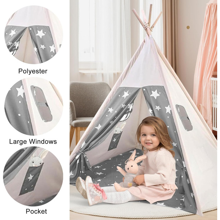 Дитячий намет-типі Kindertipi Dacron 120x120x160 см з вікном, миється, для дитячої кімнати, 4-х стовпчиків, білий (сірий та білий)