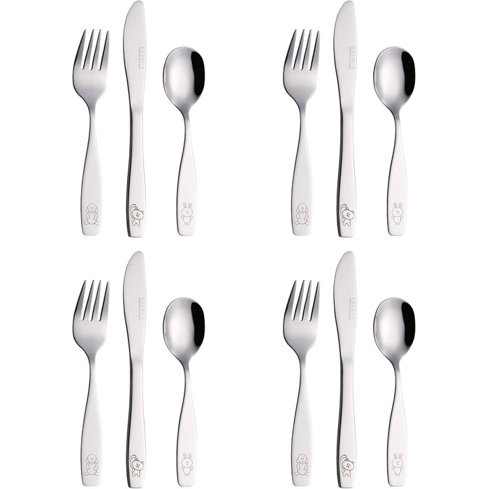 Набір дитячого столового прибору Exzact Edelstahl (12 шт.) - 4 виделки, 4 ножі, 4 ложки (Собака, Кіт, Заєць)