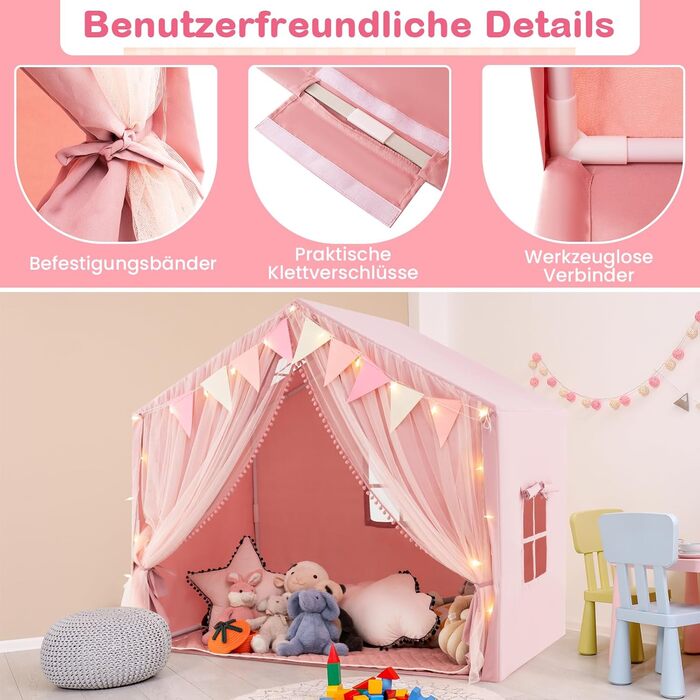 Палатка для дітей Costway Spielhaus, ігровий будиночок з килимком та світлом, рожева. Ідеально для дитячої кімнати, від 3 років.